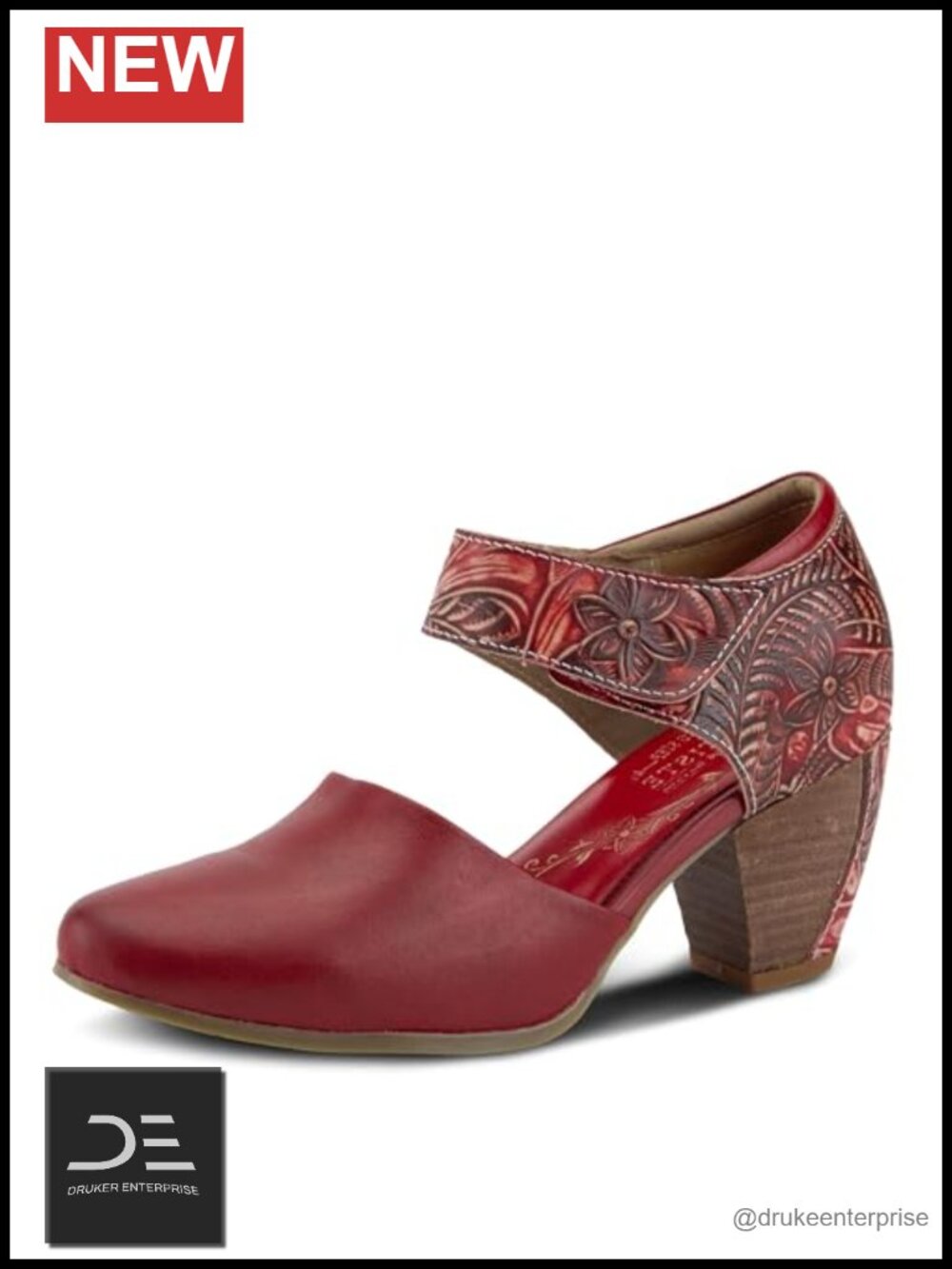 Hand-Painted Tooled Leather Mary Jane Pump with Adjustable Ankle Strap